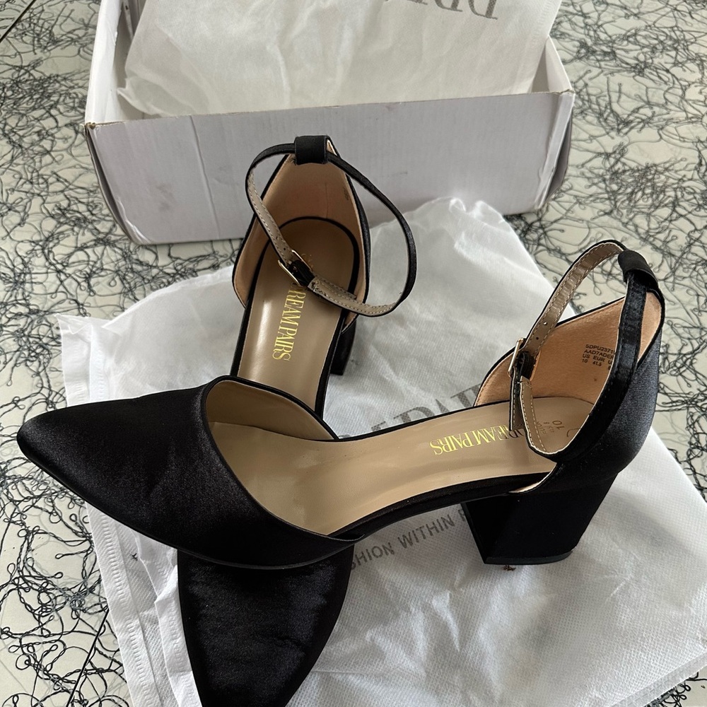 Black Satin low heeled pump size 10